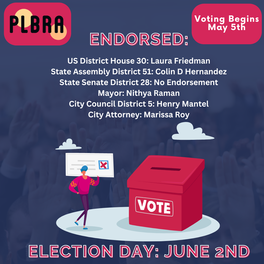 PLBRA 2026 Election Endorsements — official list showing all six races and voting dates: voting begins May 5, Election Day June 2, 2026